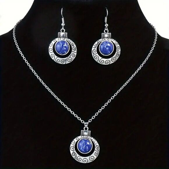 BOHO Style Tribal Earring and Necklace Set, Blue Stone - Picture 3 of 5